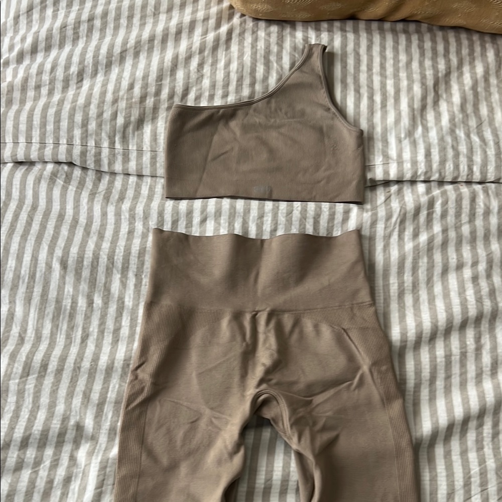 SET Active Tan One-Shoulder Top and Leggings Set
